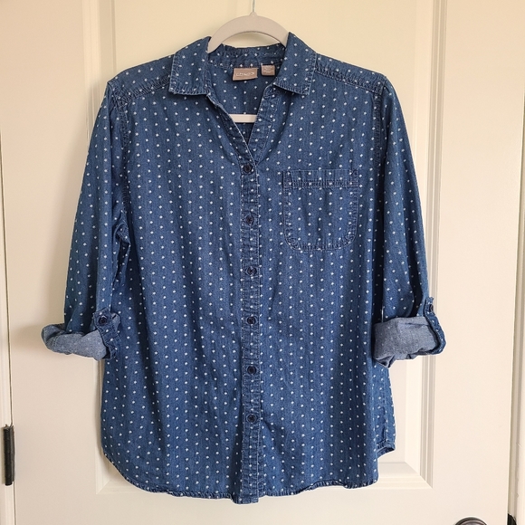 Chico's Star Print Denim Button Up Blouse Long Sleeve Roll Tab Sleeve Me… - Picture 1 of 8
